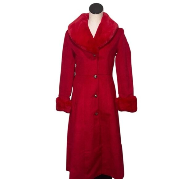 NEW VENUS RED MAXI LONG COAT FAUX FUR COLLAR CUFFS XMAS HOLIDAY GLAM - Picture 5 of 10
